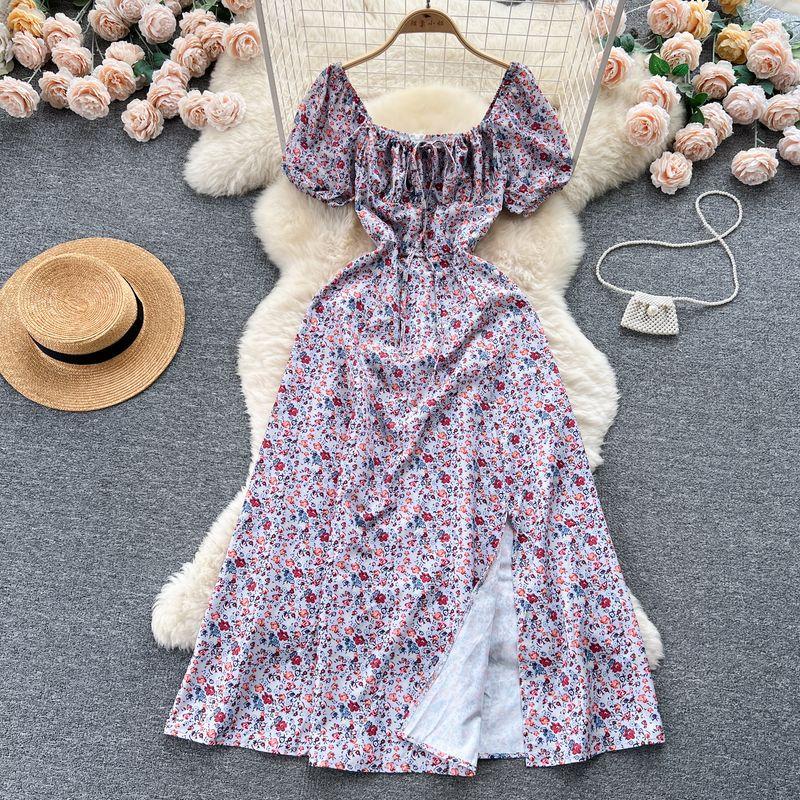 Puff Sleeves Summer Slimming Mori Style Split Dress