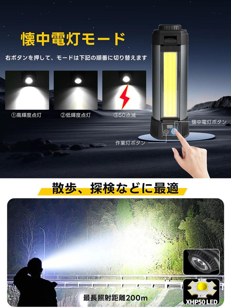 Rechargeable LED Work Light [10,000mAh High Capacity, 10,000LM, 23 Hours of Continuous Lighting] with 10 Lighting Modes, 4 Color Switching, Outdoor