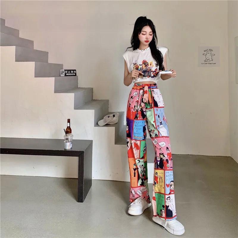 Korean Fashion Summer Pants Women's Elastic High Waist Pockets Printing Tie Dye Bohemian Casual Loose Straight Wide Leg Trousers