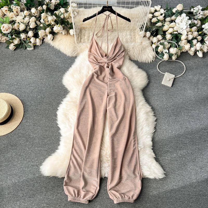 

Scheming Swing Collar Silm Bilibili Bright Silk Jumpsuit Apricot color M