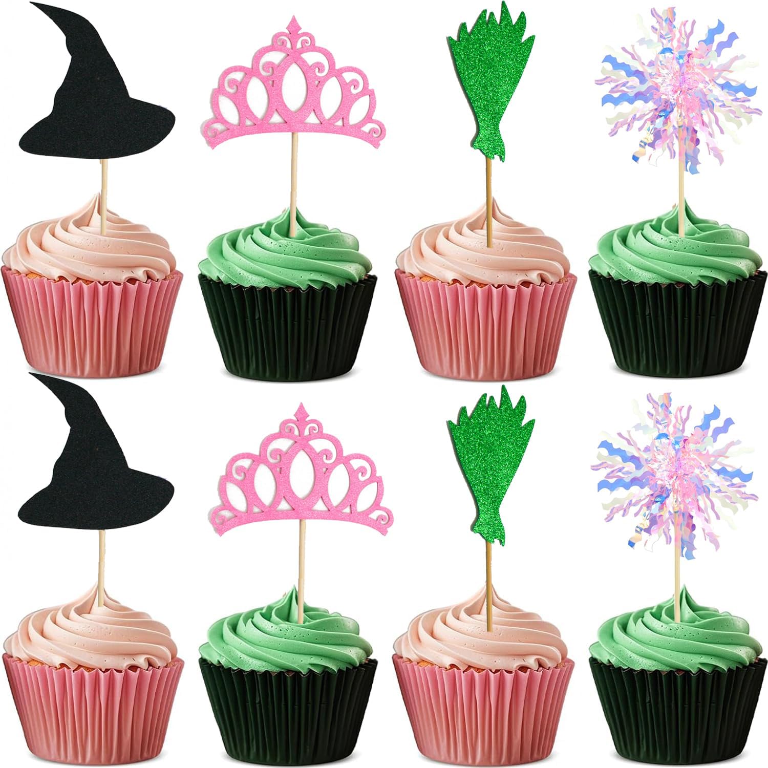 

24pcs Pink and Green Cupcake Decorations Witch Hat Cupcake Topper With Crown Cake Decorations for Witch Themed Party Decorations