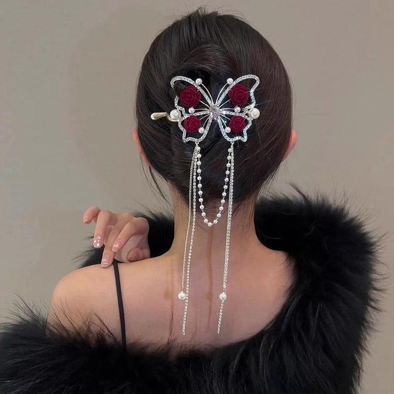 Rhinestone Butterfly Metal Hair Claw For Women Hairpins Vintage Crystal Pearl Pendant Hair Clips Female Hair Jewelry Accessories