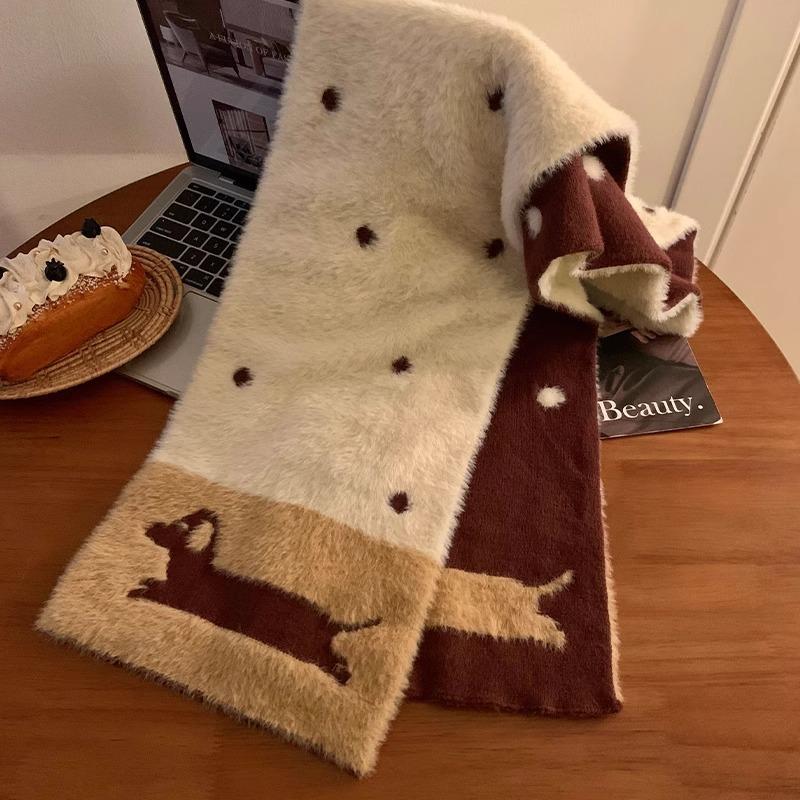 Double-Sided Fluffy Sausage Dog Scarf Women S Winter Maillard Color Block Atmosphere Cartoon Warm Neck Scarf