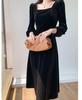 Women's Long Sleeve Velvet Dress: Autumn/Winter, French Retro A-line, Waist-Cinching, Square Neck, Hepburn Style Little Black Dress