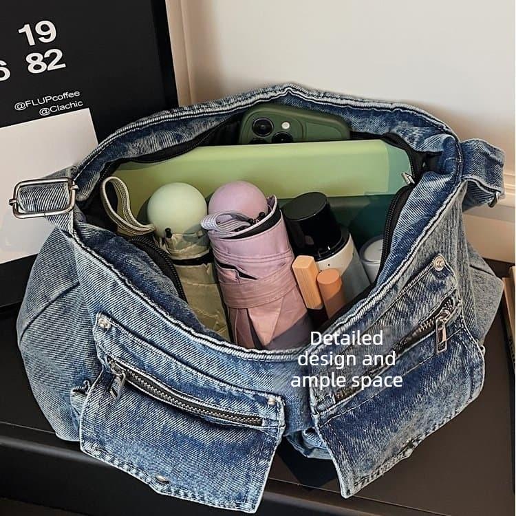 Vintage multi-pocket denim tote bag women's shoulder bag