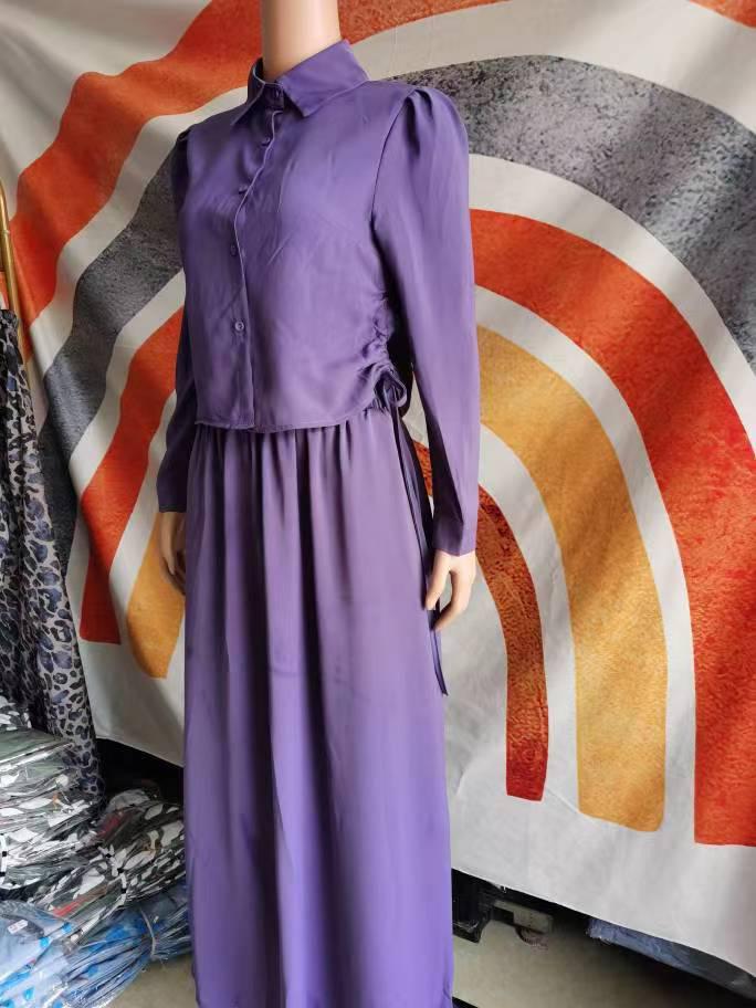 In-Stock Midi Skirt Set: 2024 Long-Sleeved Shirt Casual Dress for Muslim Arab Women
