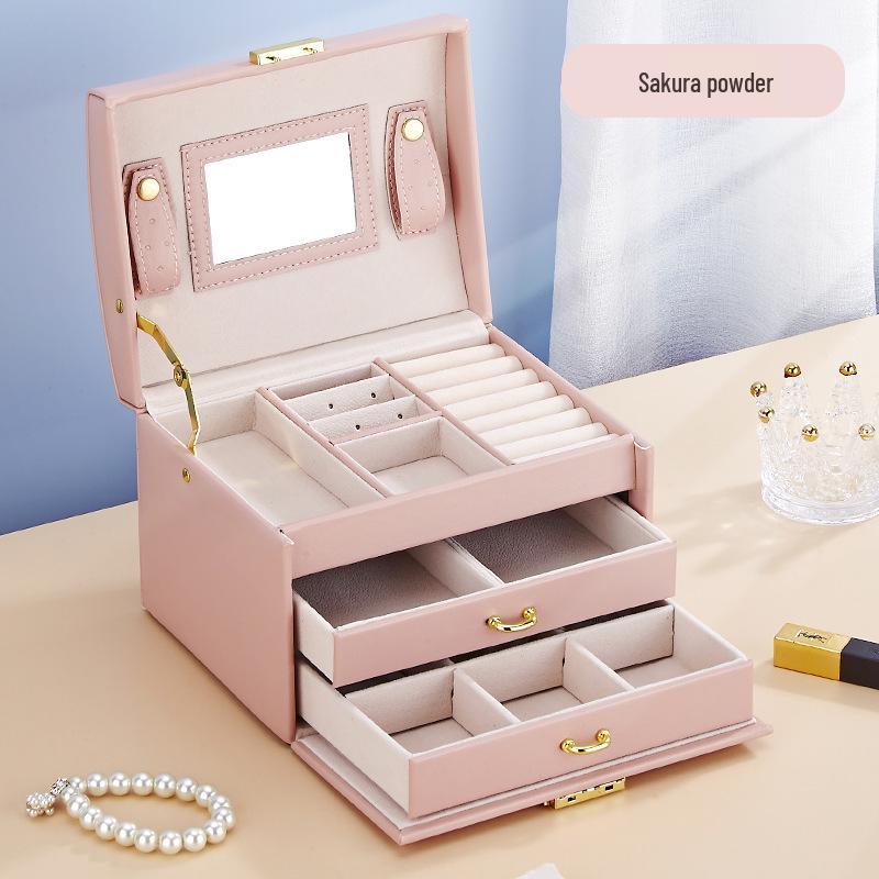 

Компактная двухъярусная шкатулка для хранения ювелирных изделий для колец, ожерелий и серег Three-Layer Portable Large Box