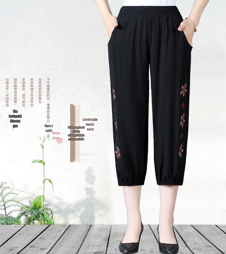 Mom's Summer Embroidered Cotton Linen Pants - Breathable Casual Fit for Women