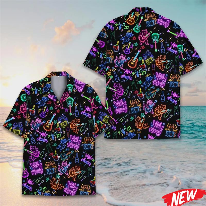 Lustiges Neon-Katzen-Grafik-Hawaihemd Herren Neues Design 3D-Druck Tierhemden Sommer Street Kurzarm Reversbluse Oberteile