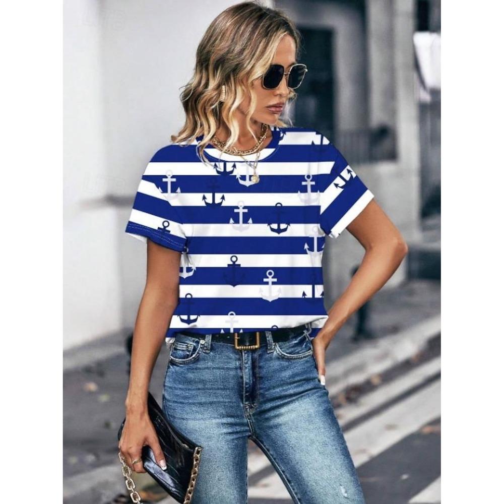

Жіночі футболки з 3D-принтами Якір корабля, Футболки з коротким рукавом, Топи, Футболка з круглим вирізом з 3D-принтами, Літній повсякденний жіночий одяг 6XL