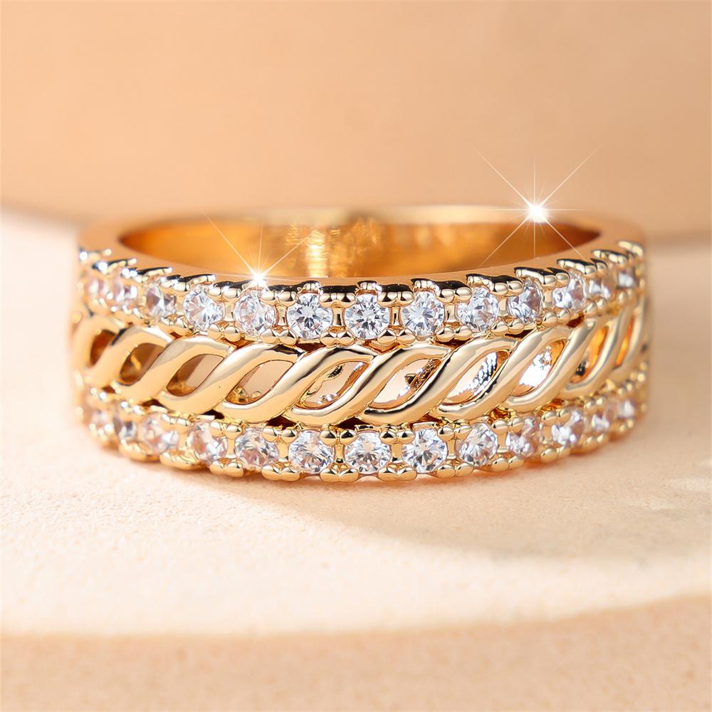 Vintage Hollow Twist Chain White Zircon Double Row Stone Rings For Women Charm Gold Color Ring Wedding Jewelry Mother's Day Gift