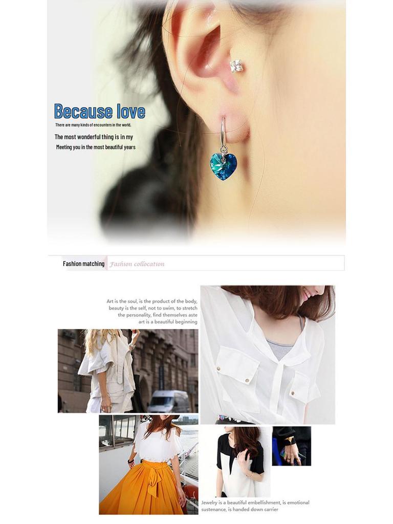 Korean Ocean Heart Blue Crystal S925 Silver Women's Earrings