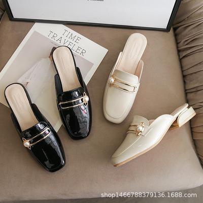 Fashion Pearl Metal Buckle Slippers Women Mules Summer Japanned Leather Shoes Woman Flip Flops Sandals Low Heels Square Toe Slides