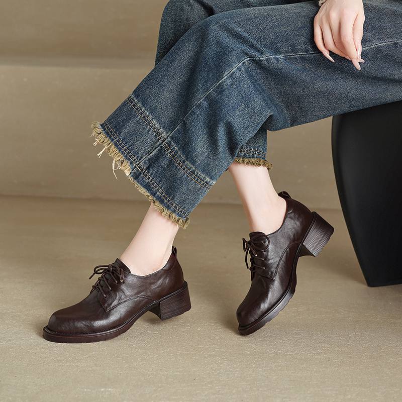 Krazing Pot Pelle di Pecora Punta Tonda Tacco Medio Allacciatura Scarpe Primavera Autunno Taglia Grande 41 Oxford Donna Pumps