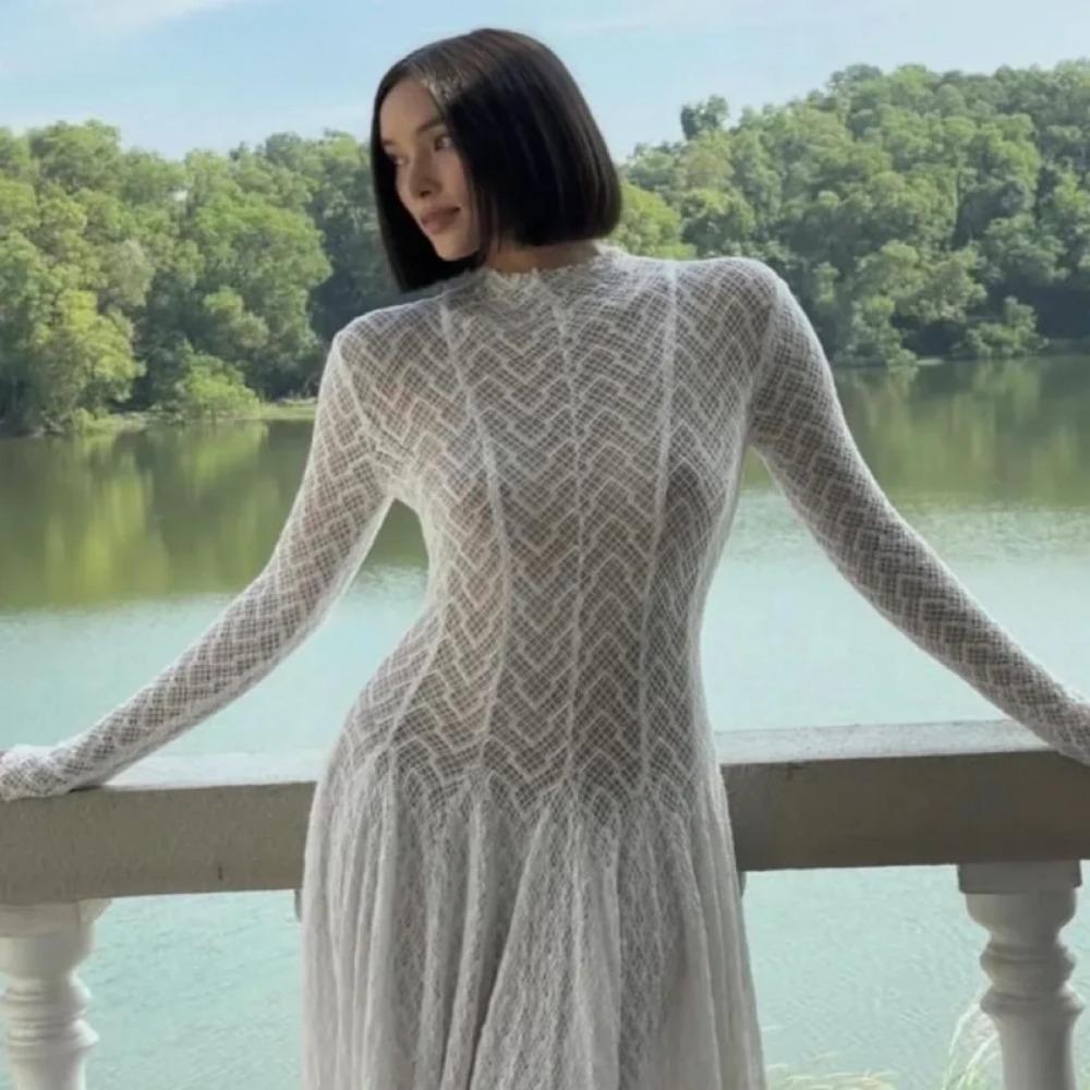 Hollow Out Mesh Maxi Dress High Collar Slim Fit Long Sleeve Robe High Waist Pleated Party Dresses New Lady Fashion Clothing