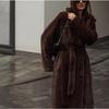 Dámský podzimní zimní zahuštěný dlouhý kabát z norkového sametu, luxusní bunda z imitace králičí kožešiny s páskem, klopami, trenčkot