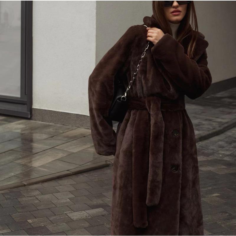 Dámský podzimní zimní zahuštěný dlouhý kabát z norkového sametu, luxusní bunda z imitace králičí kožešiny s páskem, klopami, trenčkot