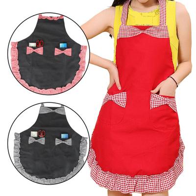 Women Cute Bowknot Decor Pocket Apron Plaid Print Splicing Adjustable Lace-up Kitchen Flirty Apron Mother Day Gift