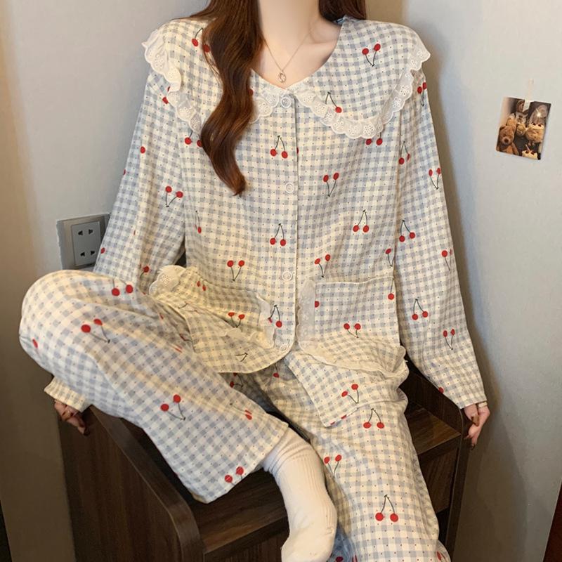 Pigiama in Cotone a Nuvole Pois - Set da Donna a Manica Lunga con Collo da Bambola per Primavera e Autunno