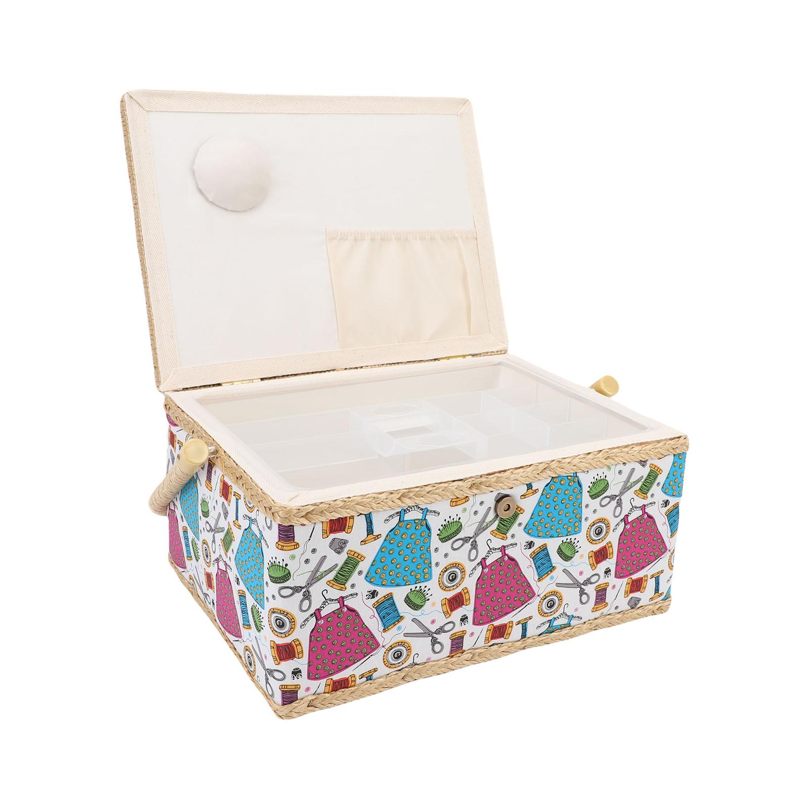 

Handheld Sewing Box Fabric Detachable Tray Large Capacity 2 Layer Sewing Basket with Handle for Scissors Needles Pins