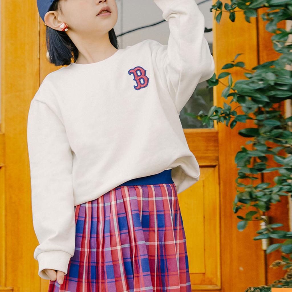 New MLB Crew Neck Brand Logo Embroidery Print Casual T-Shirt Kids' Ivory 7AMTK0131-43IVS