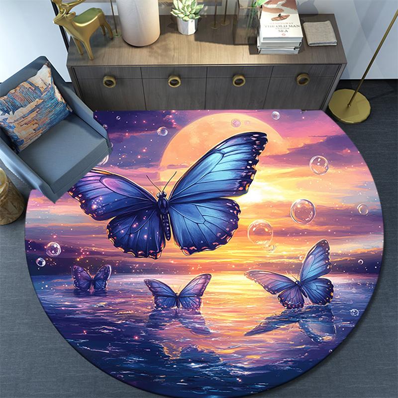 Butterflies Sunset Round Area Rug,Carpet Rug for Living Room Bedroom Sofa Playroom Decor,Non-slip Floor Mat