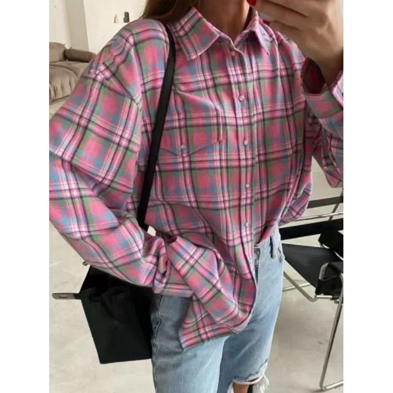 

2025 Plaid Shirt Fashion Style New Fashion Casual Loose Plaid Lapel Long Sleeves Cardigan Shirt Pink M