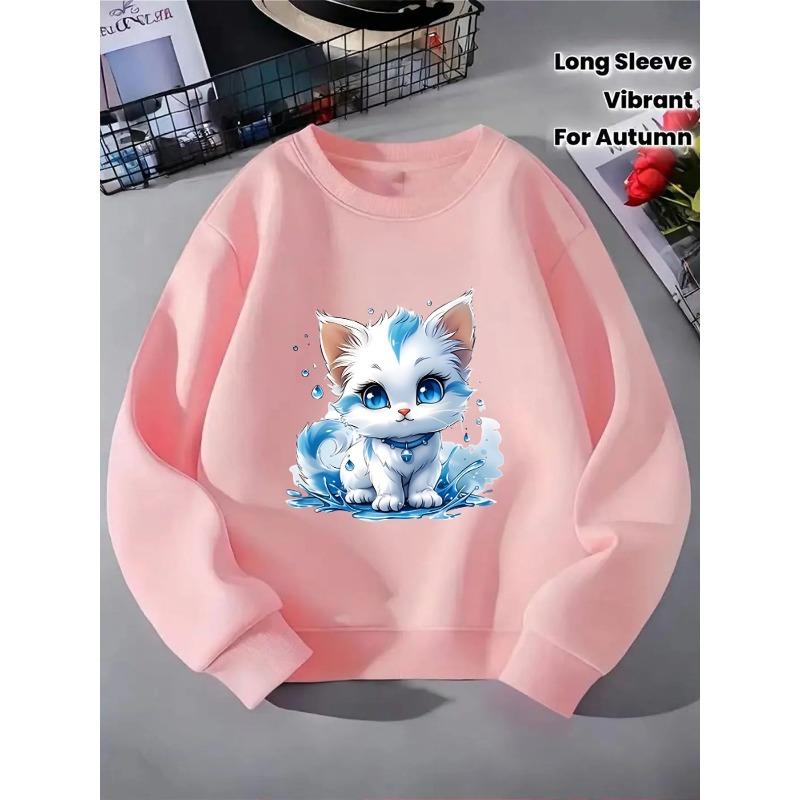 Girls' Crewneck Sweatshirt - Cute White Kitten with Blue Water Machine Washable, Spring And Autumn