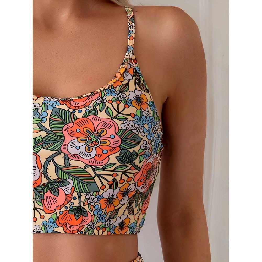 [High Stretch Floral Print Bikini] Elegant Floral Print Bikini Set for Women Swimwear