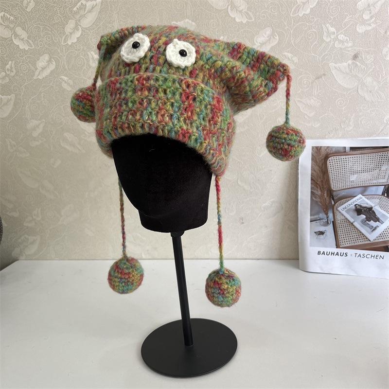 

Cute and funny colored fringed global knitted hat women s autumn and winter cold-proof and warm ear protection hat loose wool hat M（56-58cm） зелёный