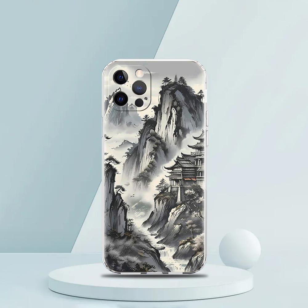 For iPhone 15 16 14 13 12 mini 11 Pro Max XS X XR SE 7 8 Plus Silicone Clear Cover Landscape Art Luxury Phone Case