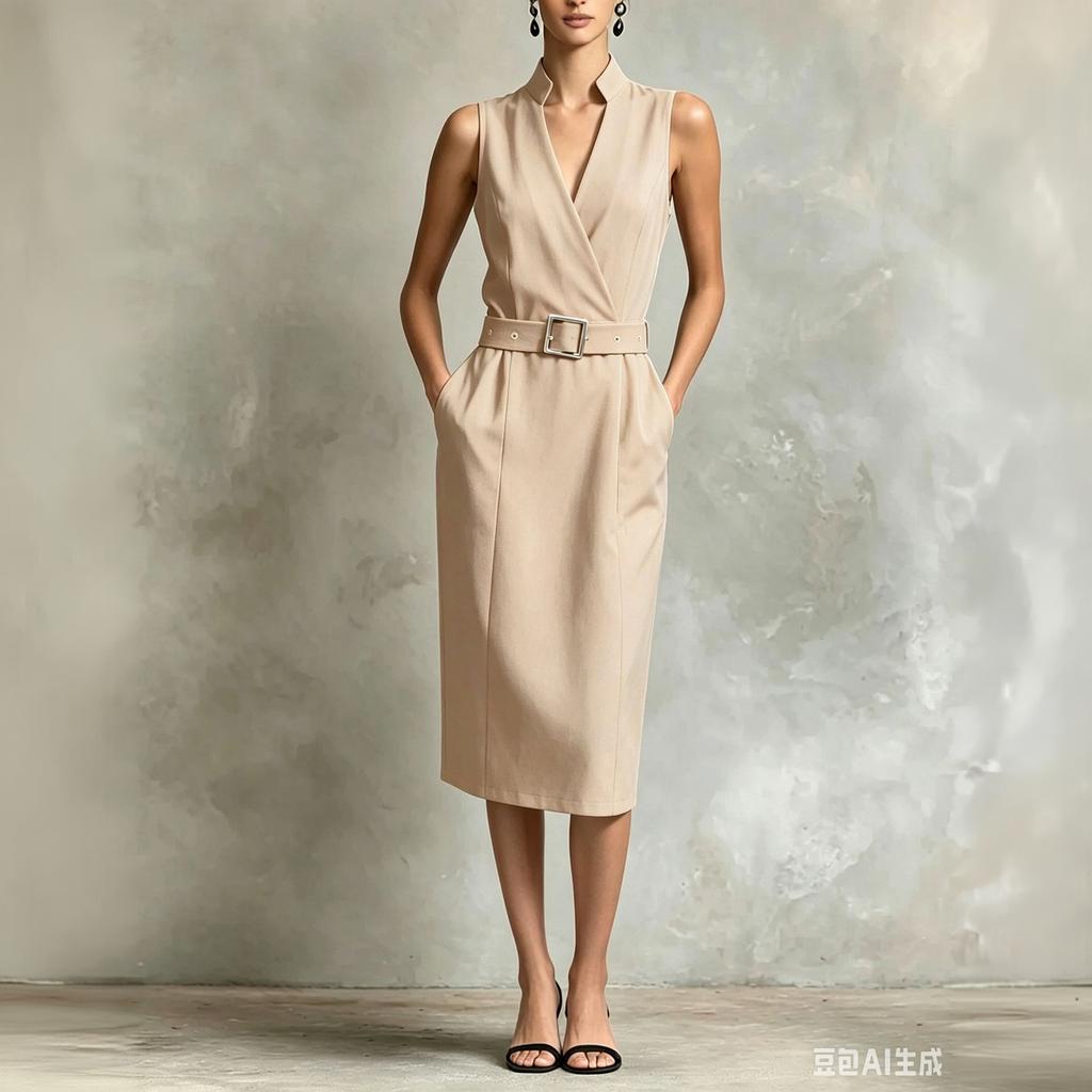Women's Sleeveless Dress with Pockets and Belt, Casual Summer Outfit