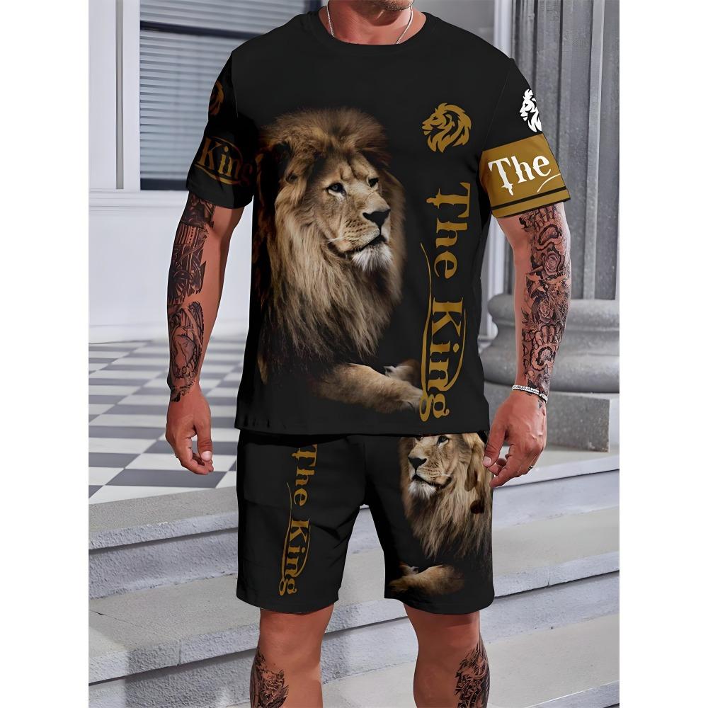 Fashion Lion Pattern Shorts Short Sleeved Set Men's Quick Drying Sports T-shirt Drawstring Shorts Two-piece Set Men's T-shirt