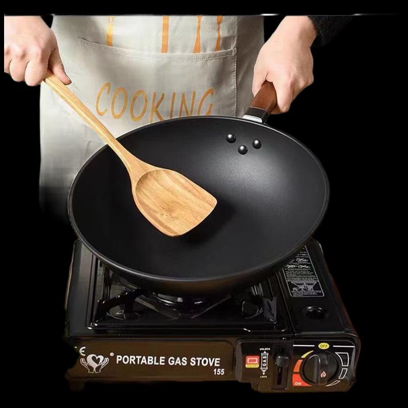 Глубокая чугунная сковорода-вок Wutuo 32 см с плоским дном, нитридная