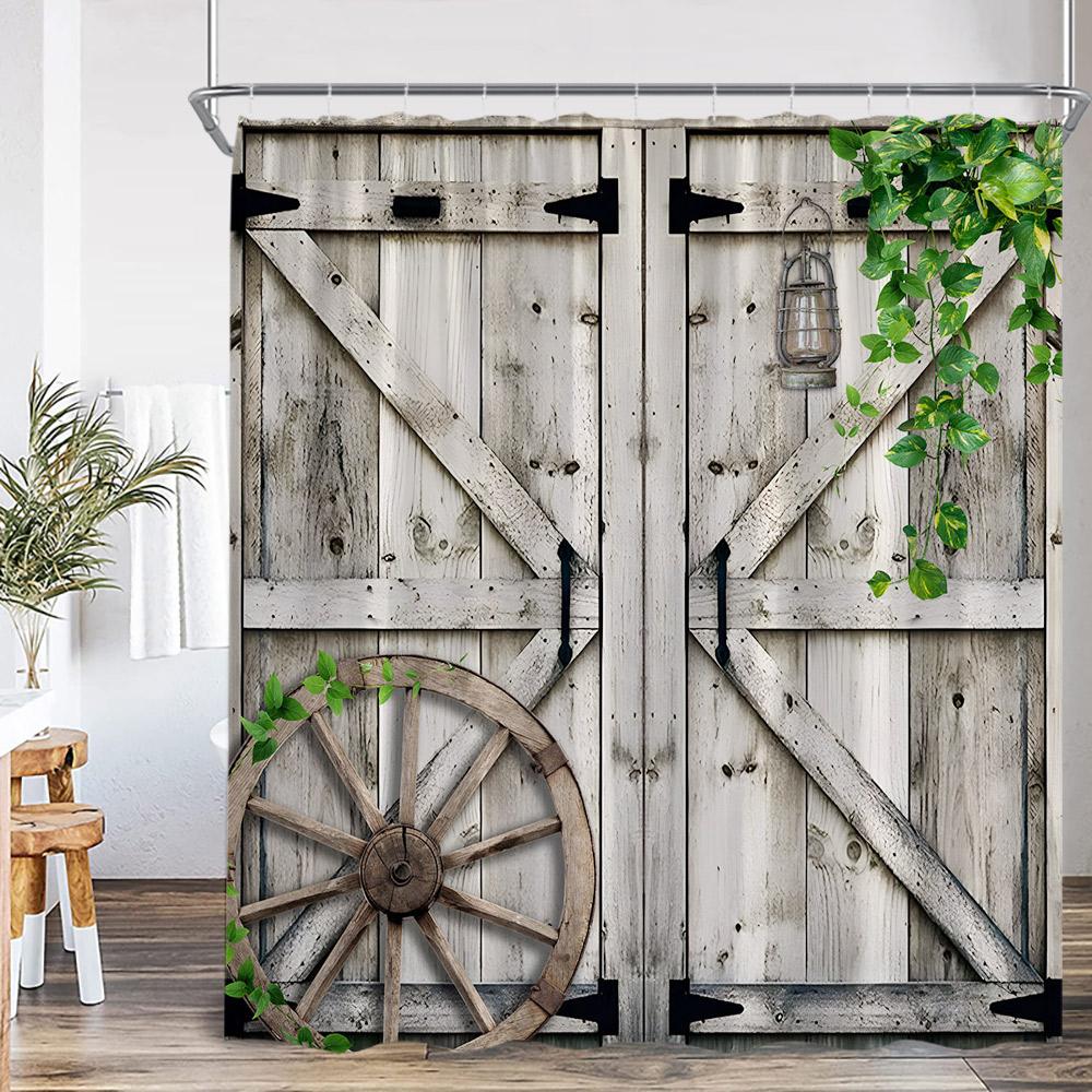 

Rustic Barn Door Shower Curtains Rural Life Green Vines Wheel Wooden Plank Door Bath Decor Vintage Western Cowboy Bath Curtain W60H190(CM)-1 Pcs