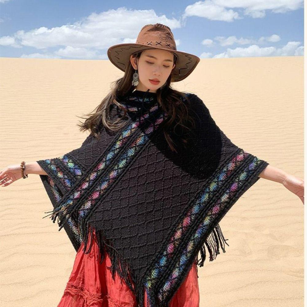 Rhombic Knitted Cape Printing Tassel Scarves Simple Imitation Cashmere Shawl  Student