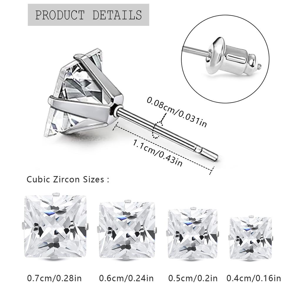 2 Stylish Stainless Steel 4 Claw Square Cubic Zirconia Stud Earrings For Men And Women 4/5/6/7mm Zircon Stud Earrings