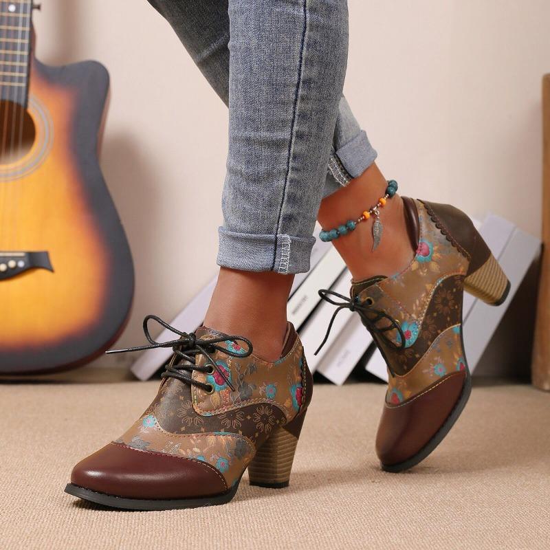 Autumn and Winter New Thick Heel High Heel Splicing Colored Jacquard Buckle Women's Boots Martin Boots