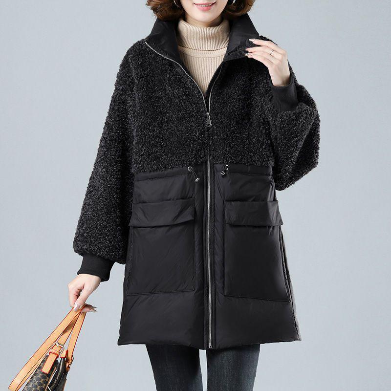 Women's Mid-Length Winter Lamb Wool & Cotton-Blend Jacket - Loose, Plus Size for Middle-Aged Women