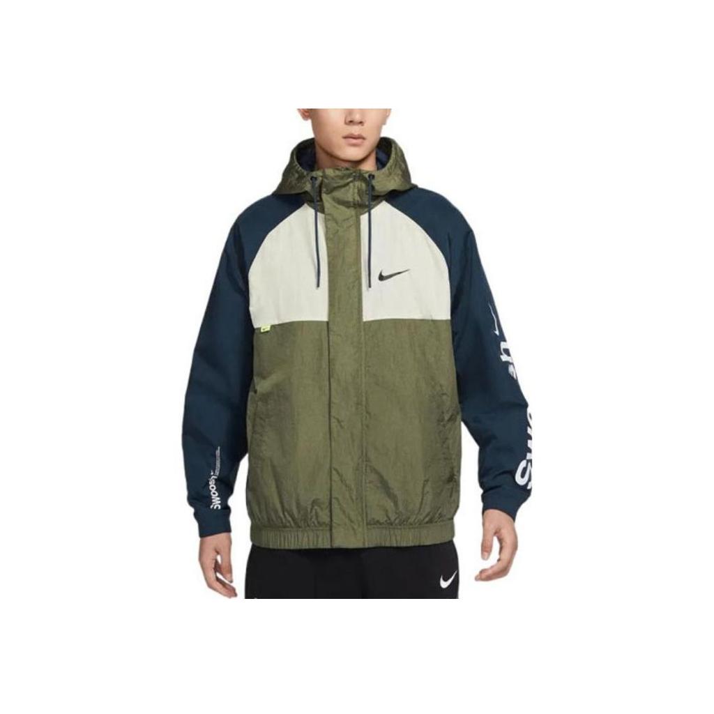 Nike Letter Logo Print Colorblock Hooded Jacket Men Jackets Olive-Green DX6311-222