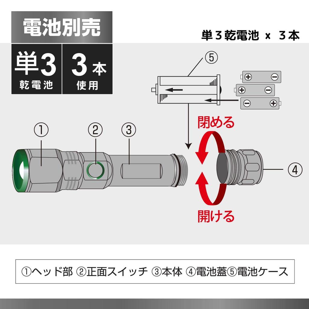 OHM ELECTRIC LED Zoom Light 500lm Uses 3 AA Batteries Hours of Continuous Use IPX6 Waterproof White LED (Max / / 9.5 / / / Black) LHA-Z50C5