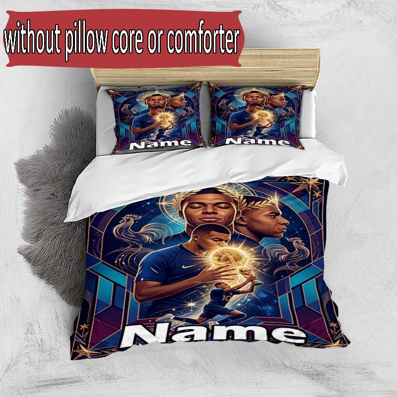 3pcs Duvet Cover Set (1*Duvet Cover + 2*Pillowcase, Without Core), Custom Name Kylian Mbappe Pattern Bedding Set, Home Bedroom Decor Gift