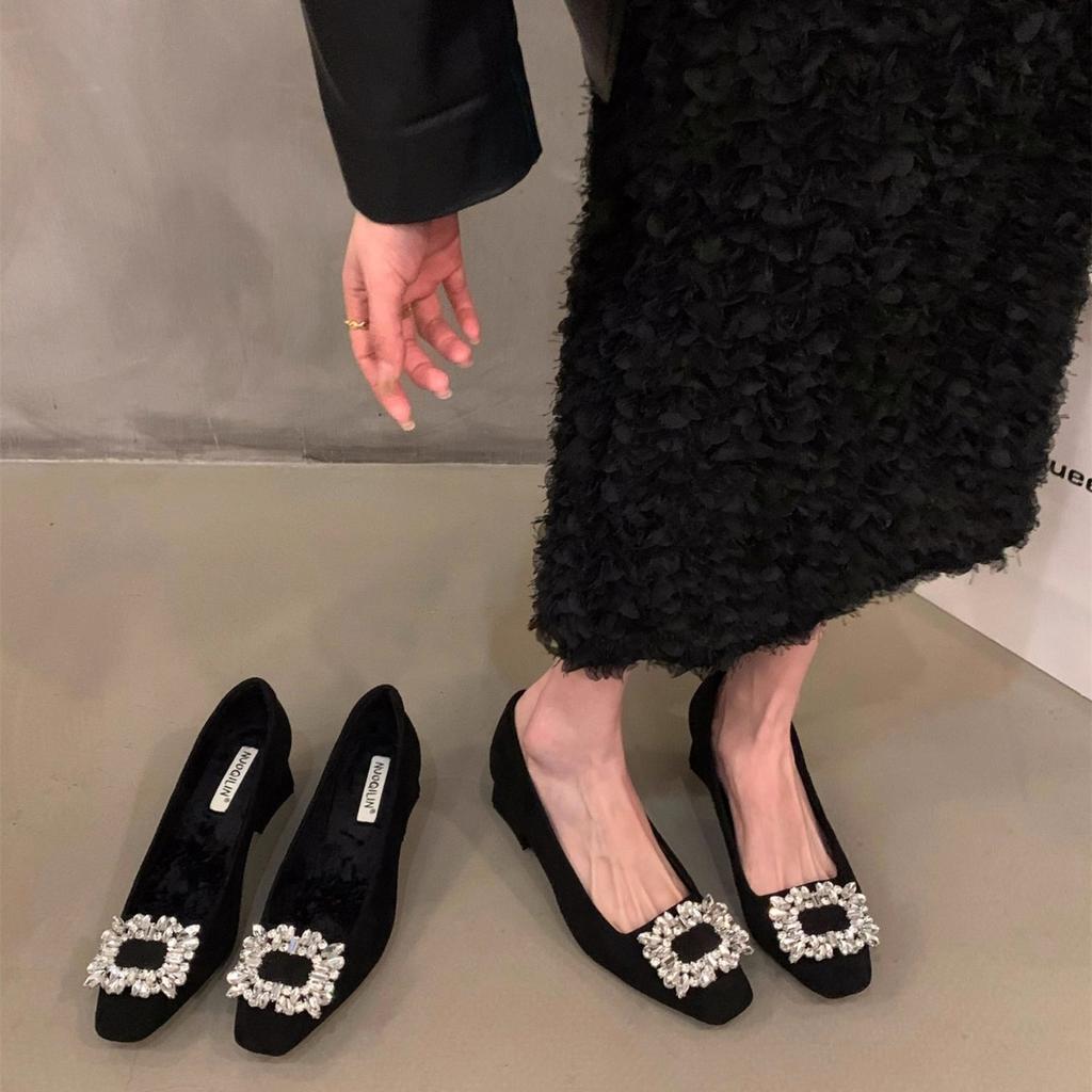 Thick Heel Shallow Mouth Single Shoes Women's 2024 New Temperament Rhinestone with Skirt Square Head High Heels Workplace Commuter Women's Shoes