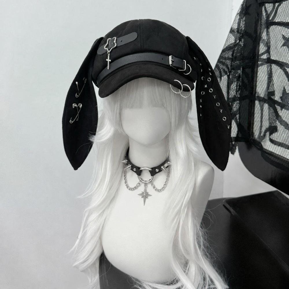Rivet Buckle Long Rabbit Ears Beret Solid Color Chic Octagonal Hat Gothic Punk Hat for Girls