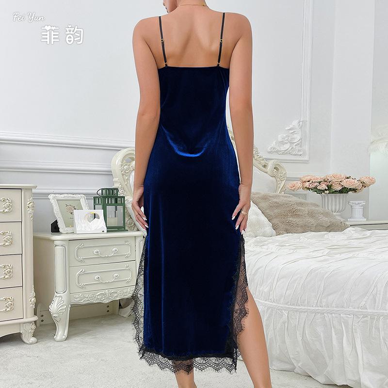 Sexy deep v pajamas women's long suspender nightgown velvet lace seduction backless