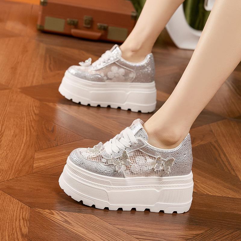 Platform White Shoes Women's 2025 Spring and Summer New Inner Height Increase Women's Shoes Hollow Breathable Mesh Sandals Versatile Casual Shoes