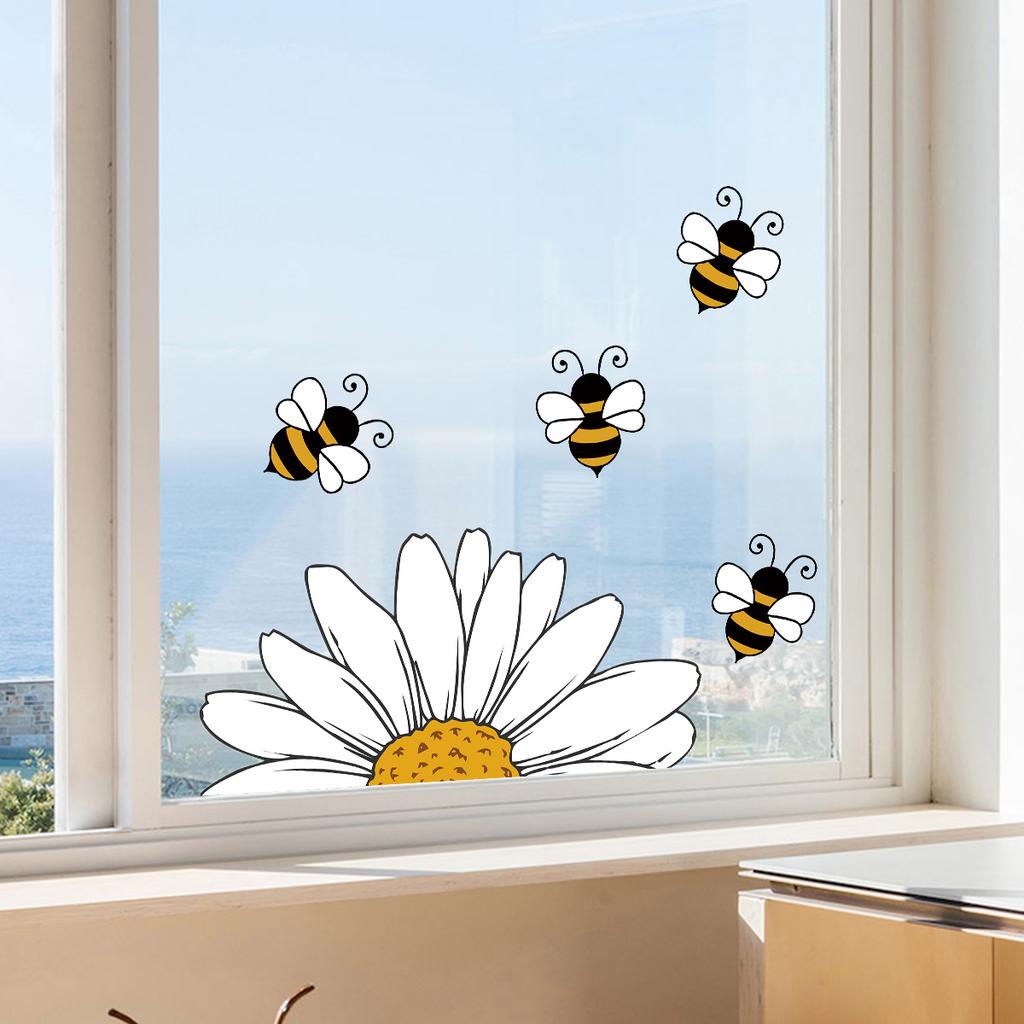 1Pcs Cartoon Sunflower Bee PVC Windows Stickers For Kids Room Bedroom Home Decoration Nursery Self-adhesive Glass Decals