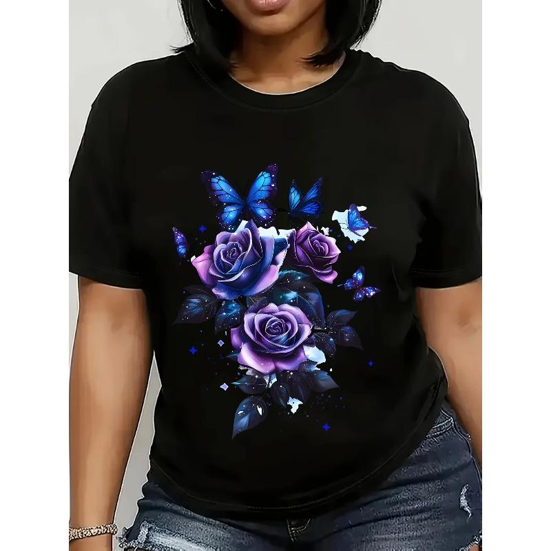 European Size Women'S Floral T-Shirt - Soft Breathable Fabric Loose Fit Tee with Purple Roses & Blue Butterflies, Lightweight Everyday Casual Top