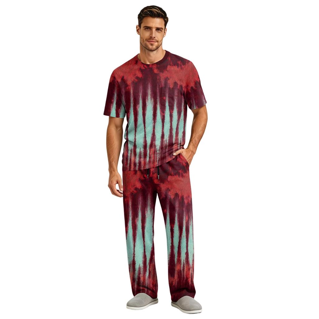 Men's Home Pajama Set, Short Sleeve Top and Long Pants with Button Fly and Drawstring Waist