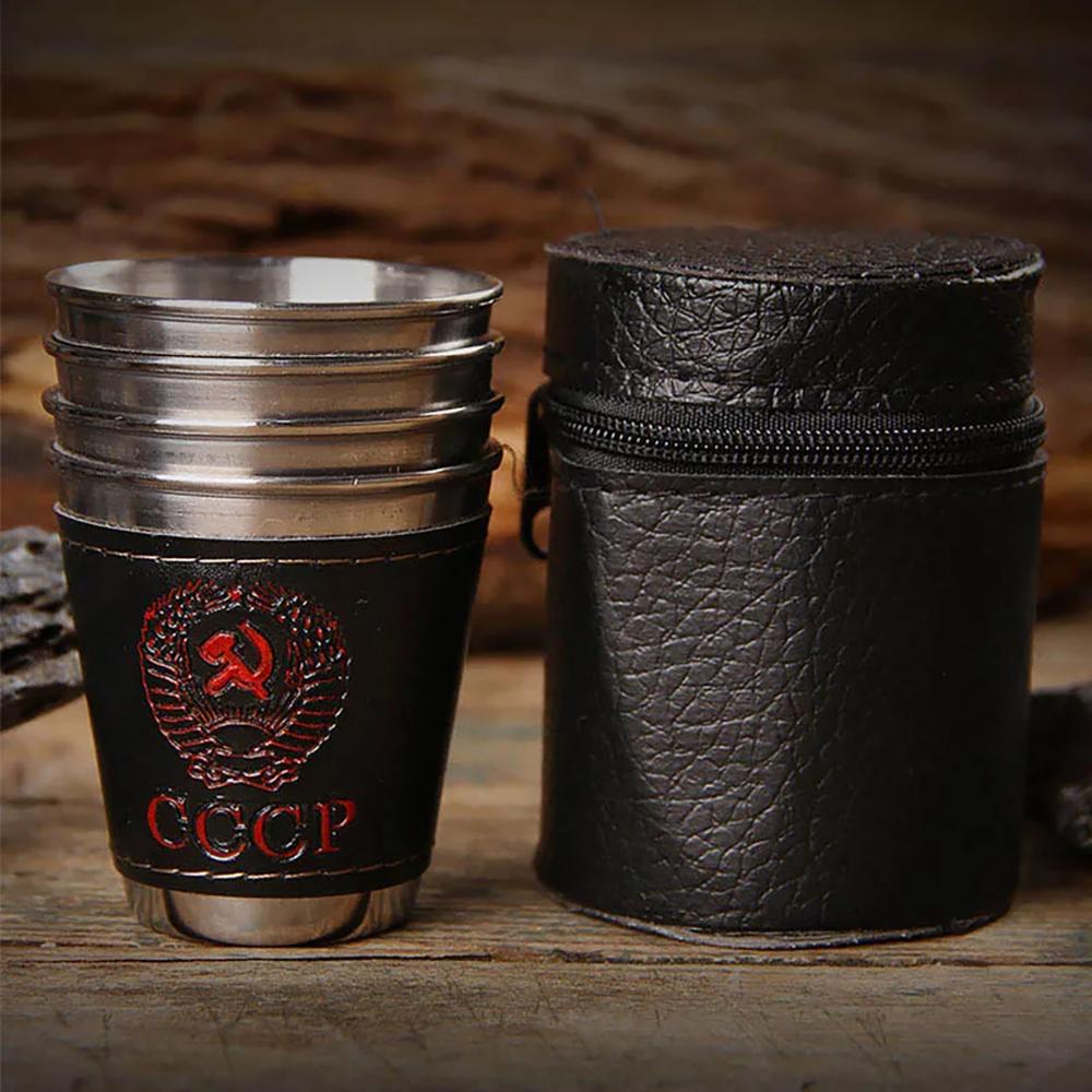 4pcs 75ml Outdoor Travel Cups Set Camping Tableware Stainless Steel Cup with PU Leather Portable Coffee Wine Beer Whisky Cup
